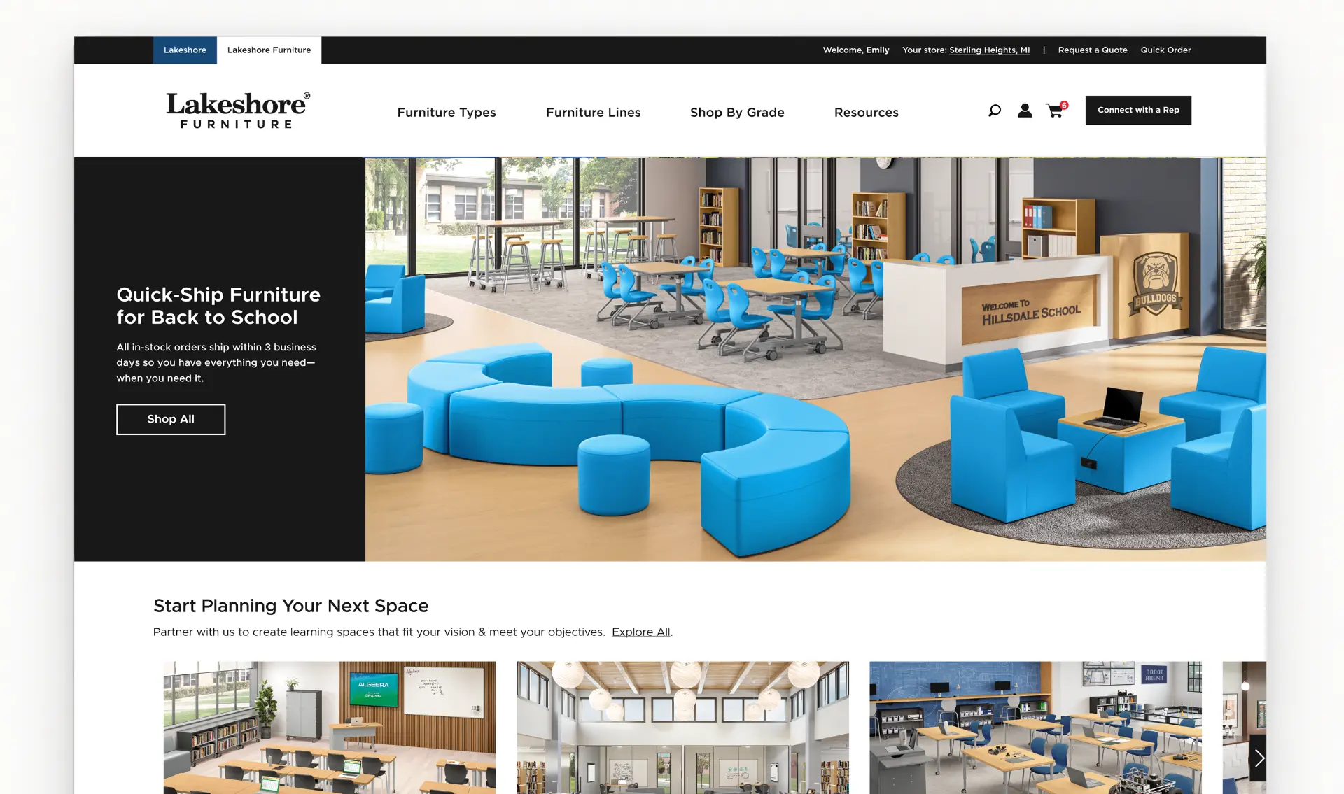 Lakeshore Furniture homepage design shown in a browser window, with a classroom hero image and content cards