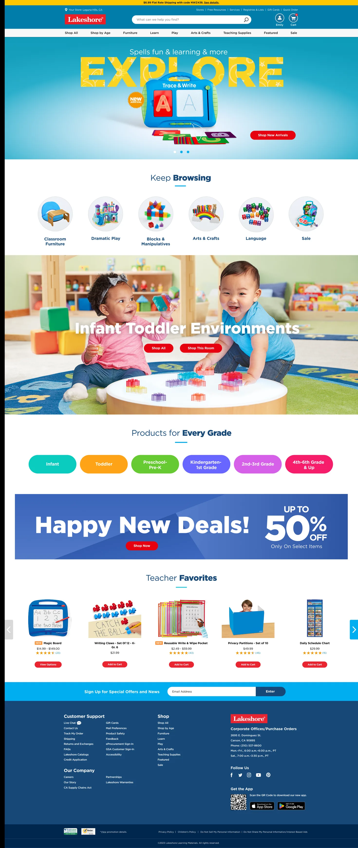 Redesigned Lakeshore homepage segment for identified teachers, with classroom categories, grade-level shopping and teacher favorites.