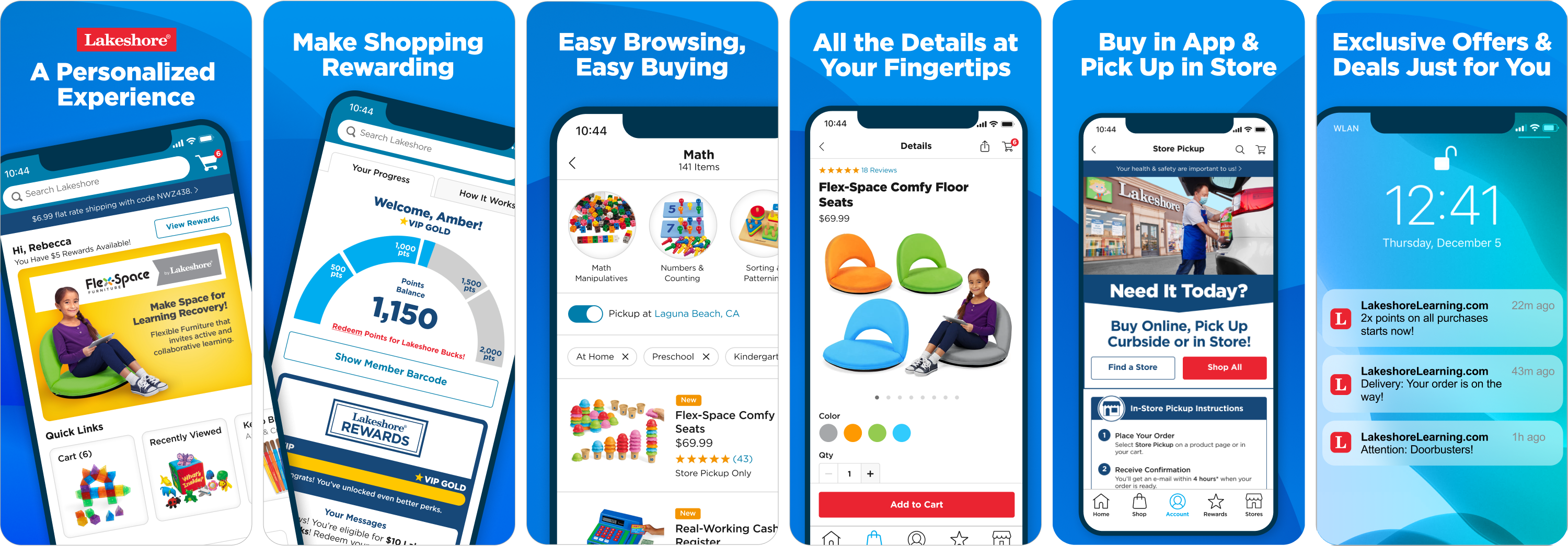 Six Lakeshore mobile app screens covering rewards, browsing, product detail, store pickup and registries