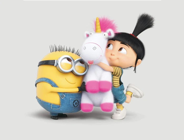 Despicable Me character artwork of a Minion, Agnes and her fluffy unicorn