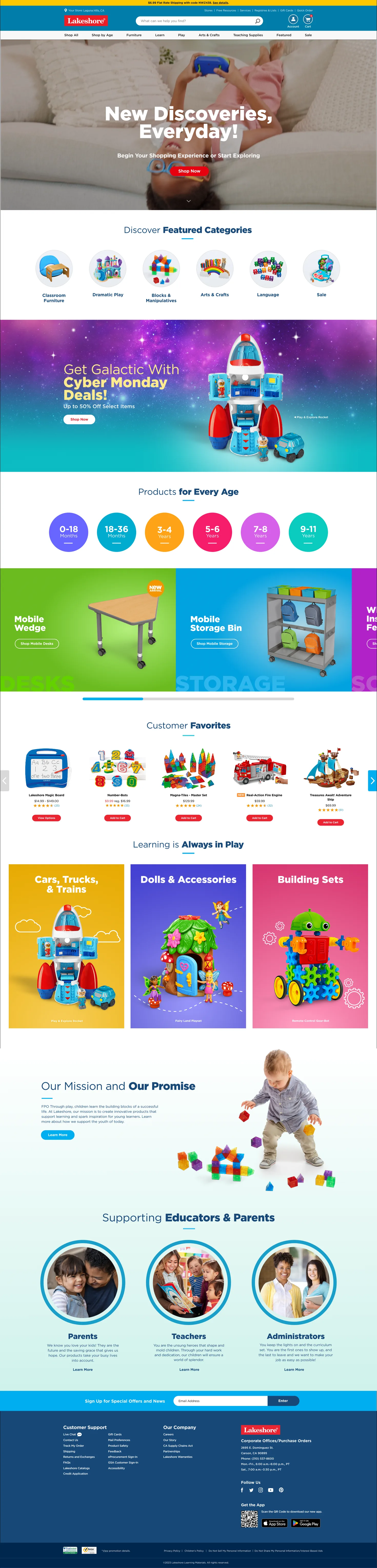Redesigned Lakeshore homepage with a hero discovery banner, featured categories, age-based shopping and mission storytelling.