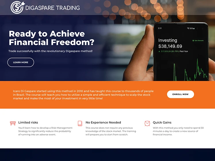 Investing website design showing a trading method page with market charts and dark UI accents